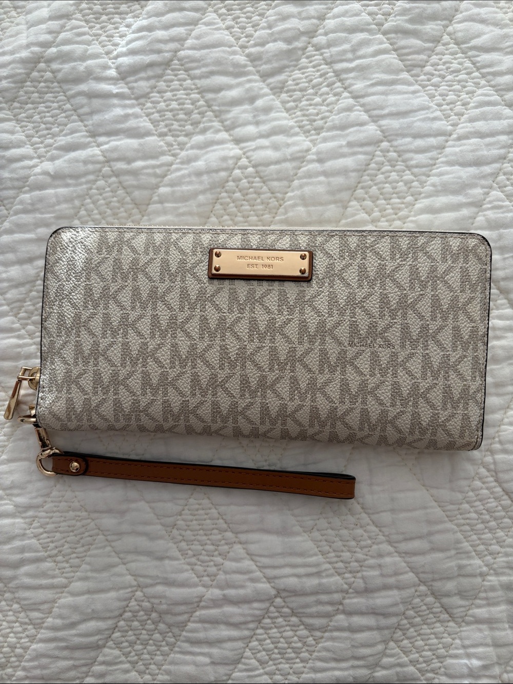 Michael Kors Monogram Zip Wallet Wristlet with Tan Strap